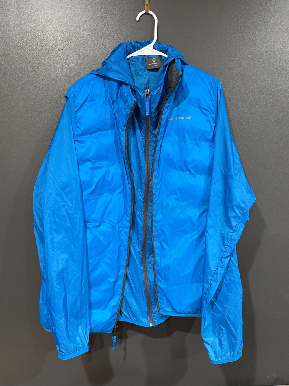 Porsche Design 2 in 1 Bright Blue and Gray Vest and Hooded Packable Windbreaker